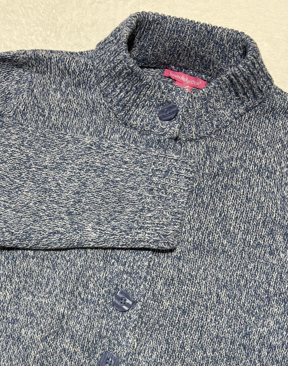 Woman Within Sweater Womens Large Blue Marled Button Cardigan Mock Neck Pockets